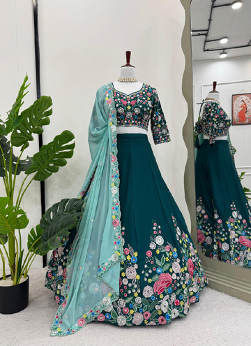 Floral Thread Embroidered Work Emerald Green Chinon Silk Lehenga Choli